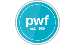 The pwf logo on a blue background.