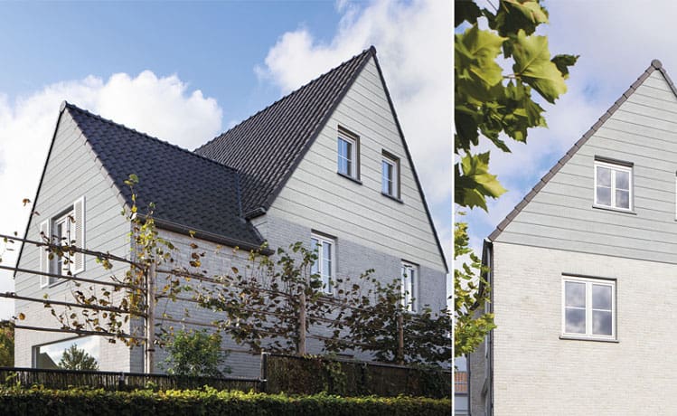 Two pictures of a house with a white roof and gray siding.